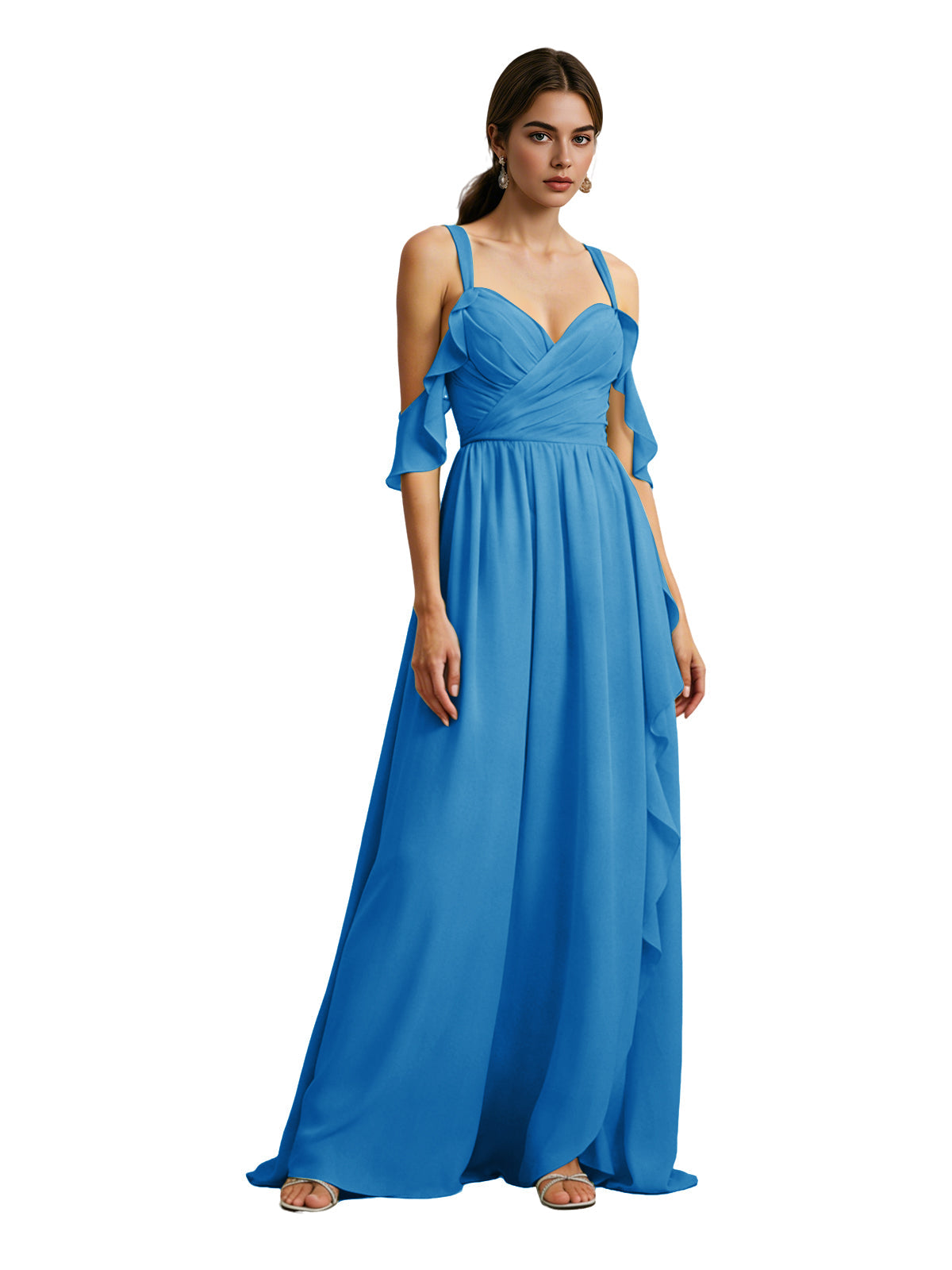 Blue chiffon cold-shoulder bridesmaid dress with draped V-neck bodice and tiered skirt