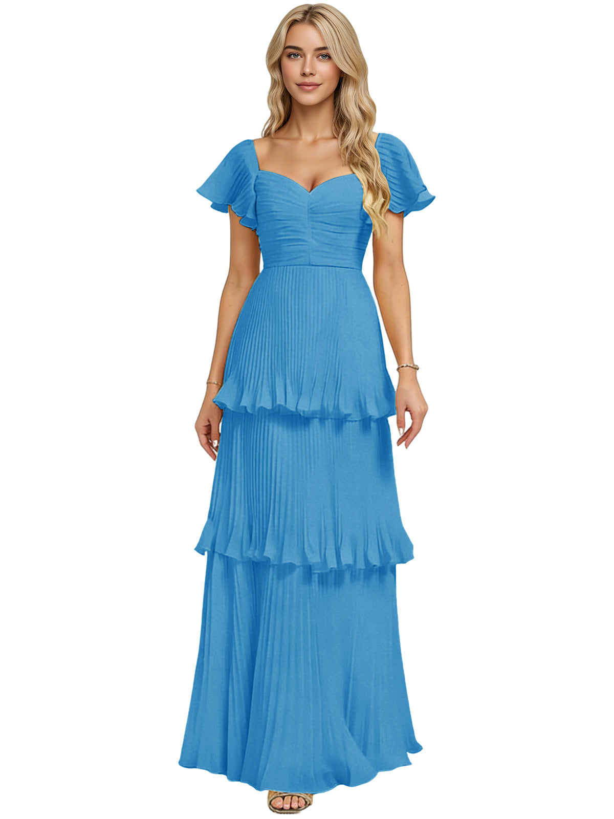 Blue tiered chiffon bridesmaid dress with sweetheart neckline and flutter sleeves