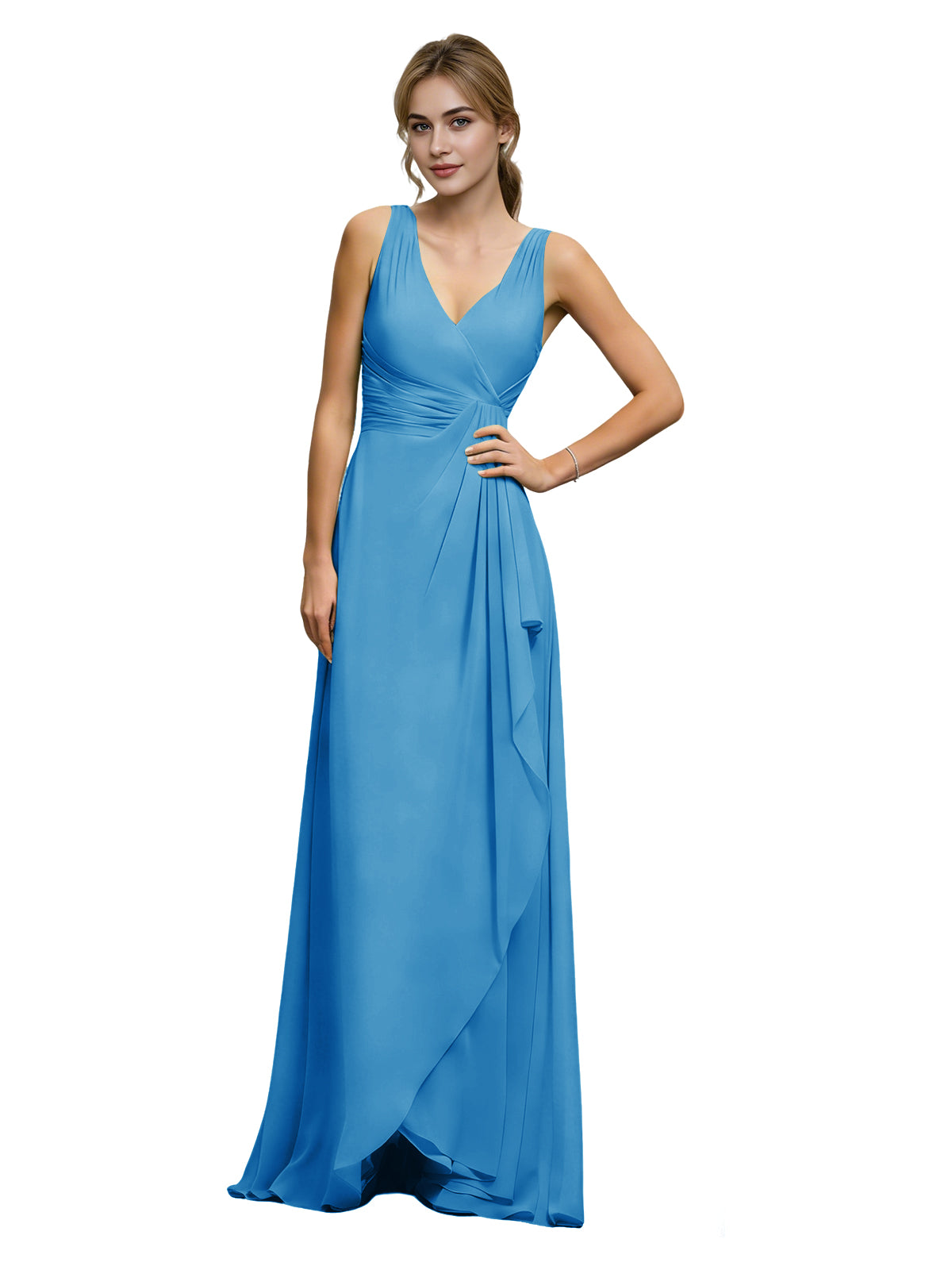 Halter V-neck chiffon bridesmaid dress in ocean blue, draped sash at waist.