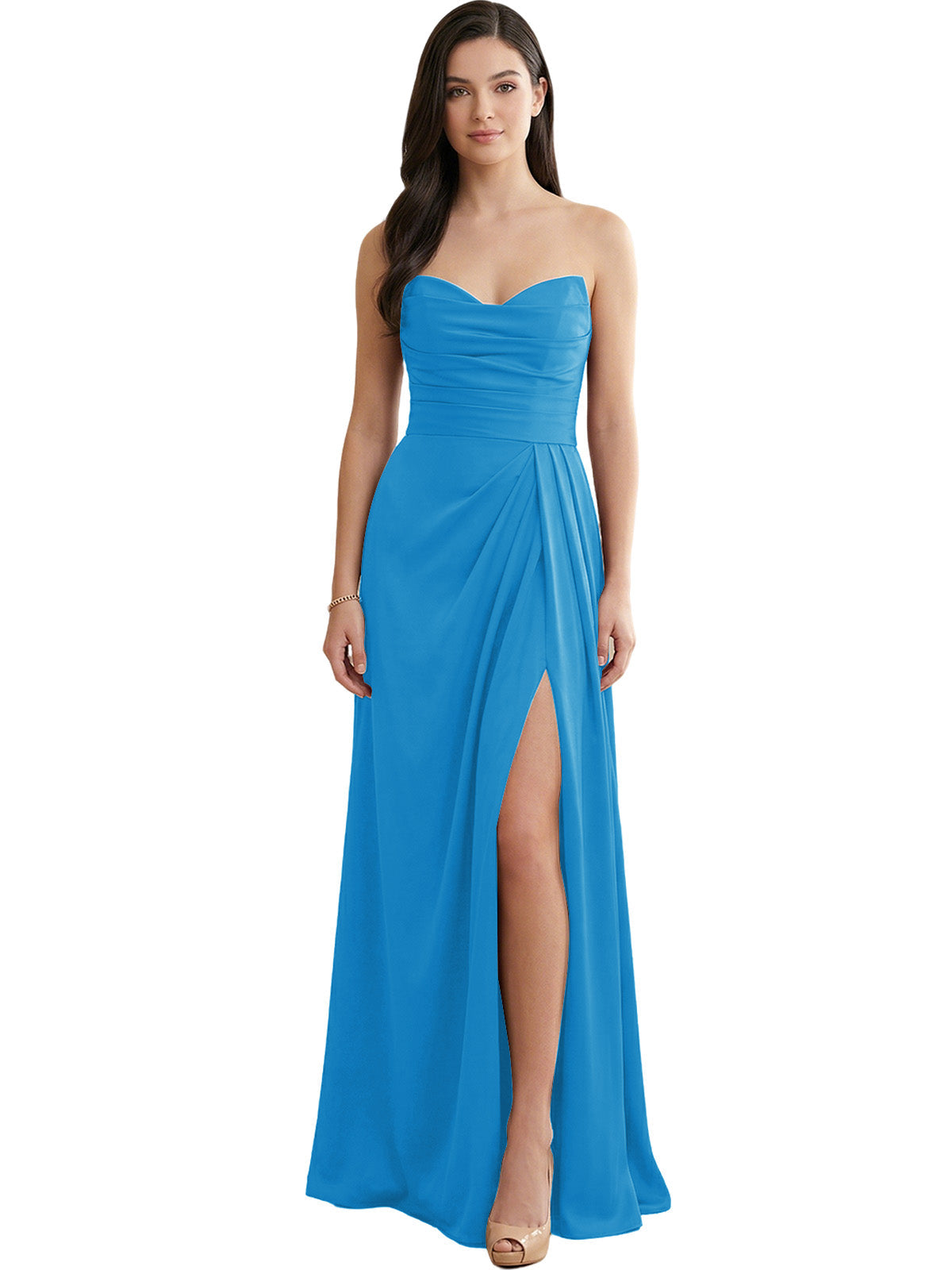 Teal blue strapless satin bridesmaid dress with pleated bodice and side slit