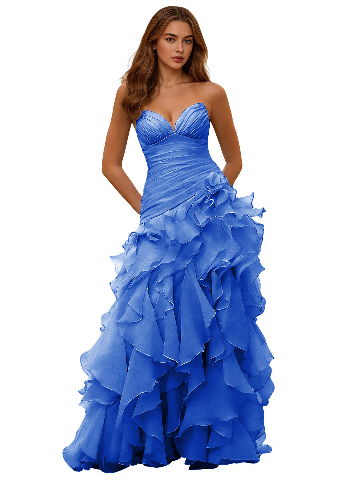 Strapless organza ruffle ball gown prom dress in royal blue, draped corset bodice