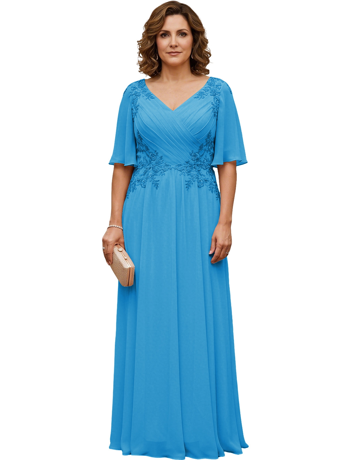 Long chiffon A-line gown in ocean blue with V-neck, flutter sleeves, beaded lace bodice.