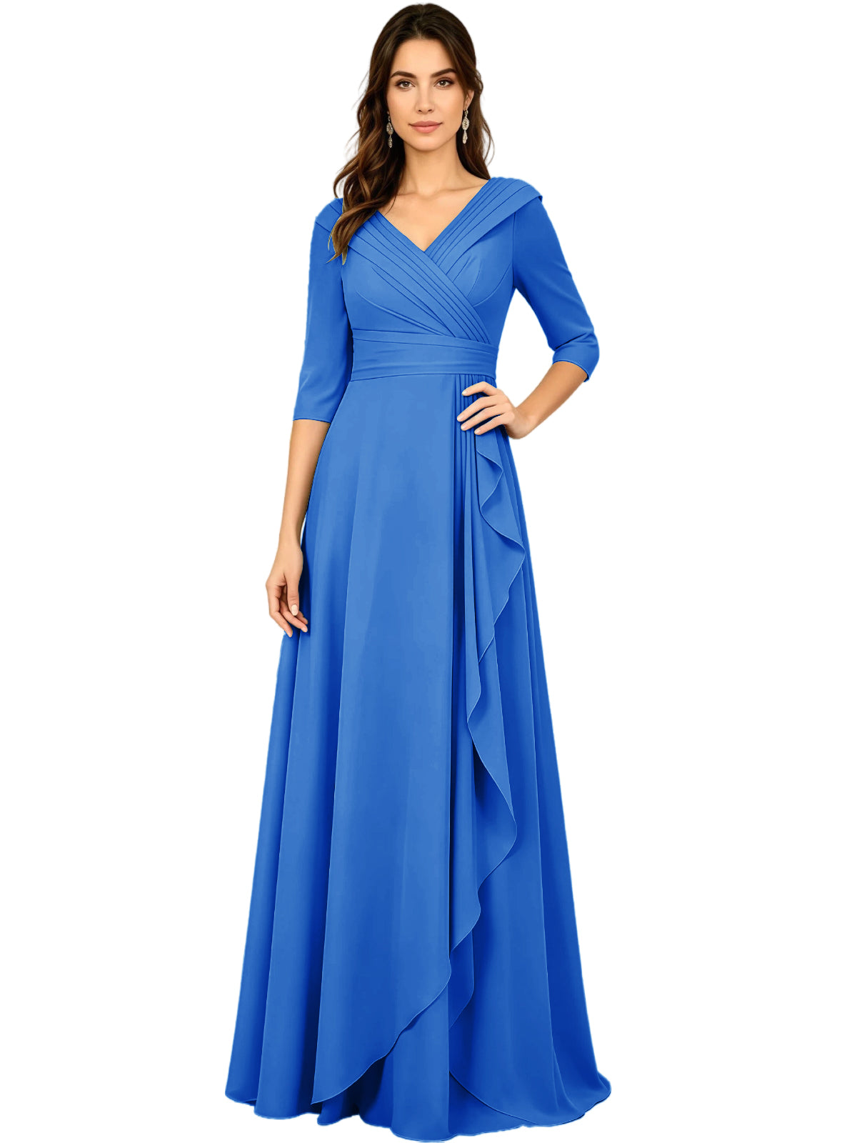 Blue chiffon A-line gown with V-neck, half sleeves, and side ruffle drape detail.