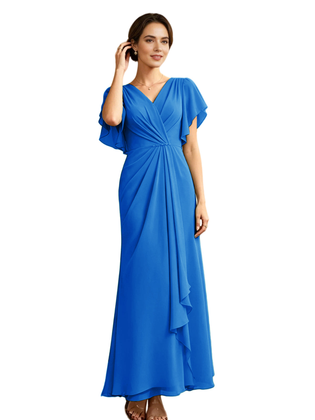 Blue chiffon A-line mother-of-the-bride dress, V-neck, flutter sleeves, draped side ruffle