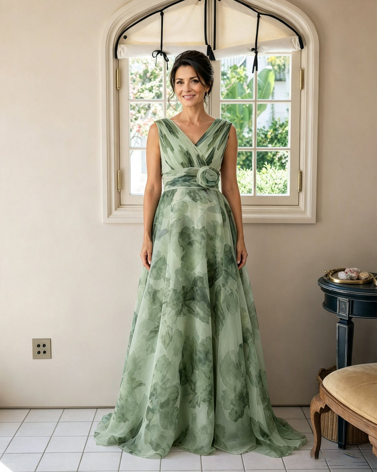 Sage green floral chiffon V-neck mother-of-the-bride dress with rosette waist sash