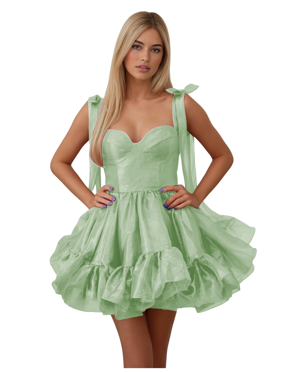 Satin corset homecoming dress in sage green with bow shoulder straps and layered ruffles