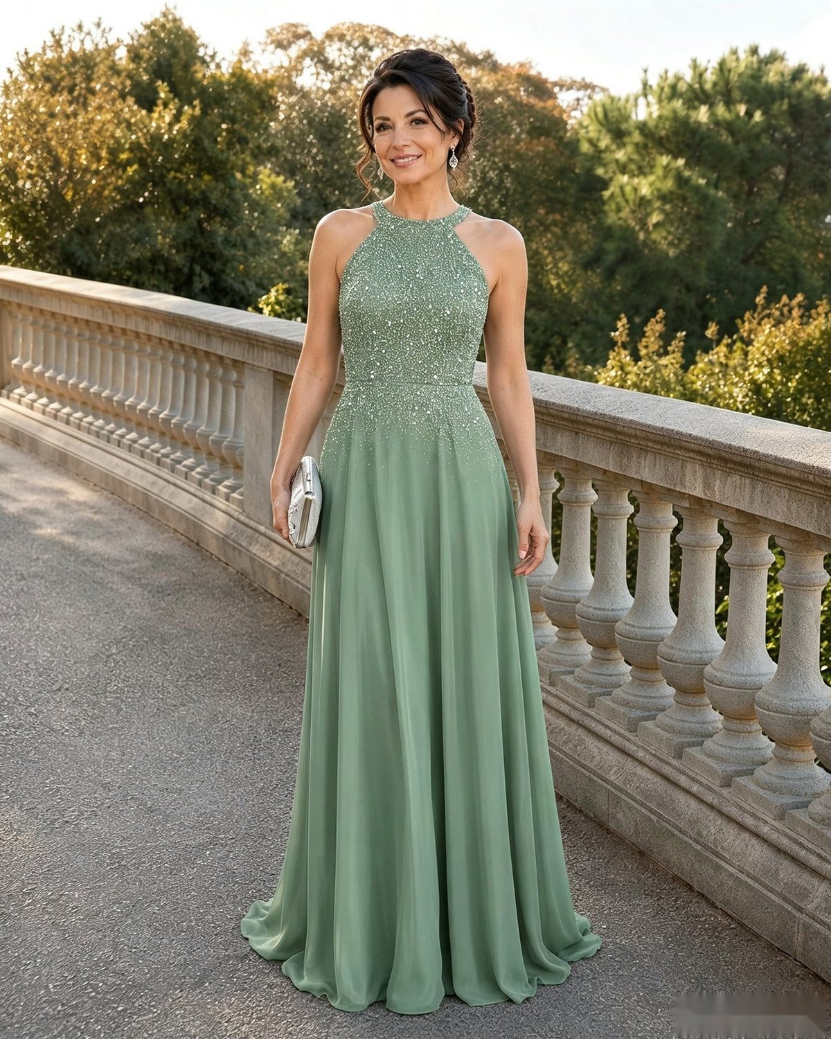 A-line mother-of-the-bride dress with halter neckline, allover sequins, sage green chiffon.