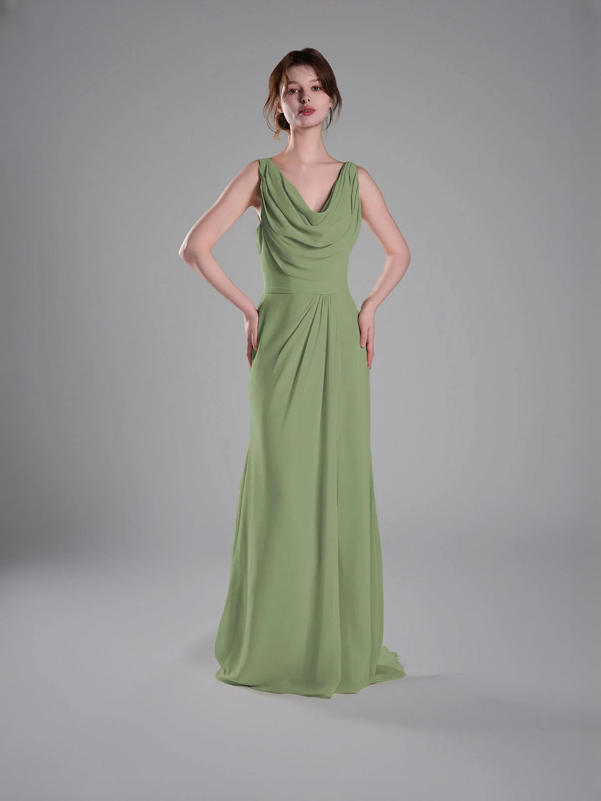 Sage green cowl-neck sheath maxi dress with draped cowl neckline