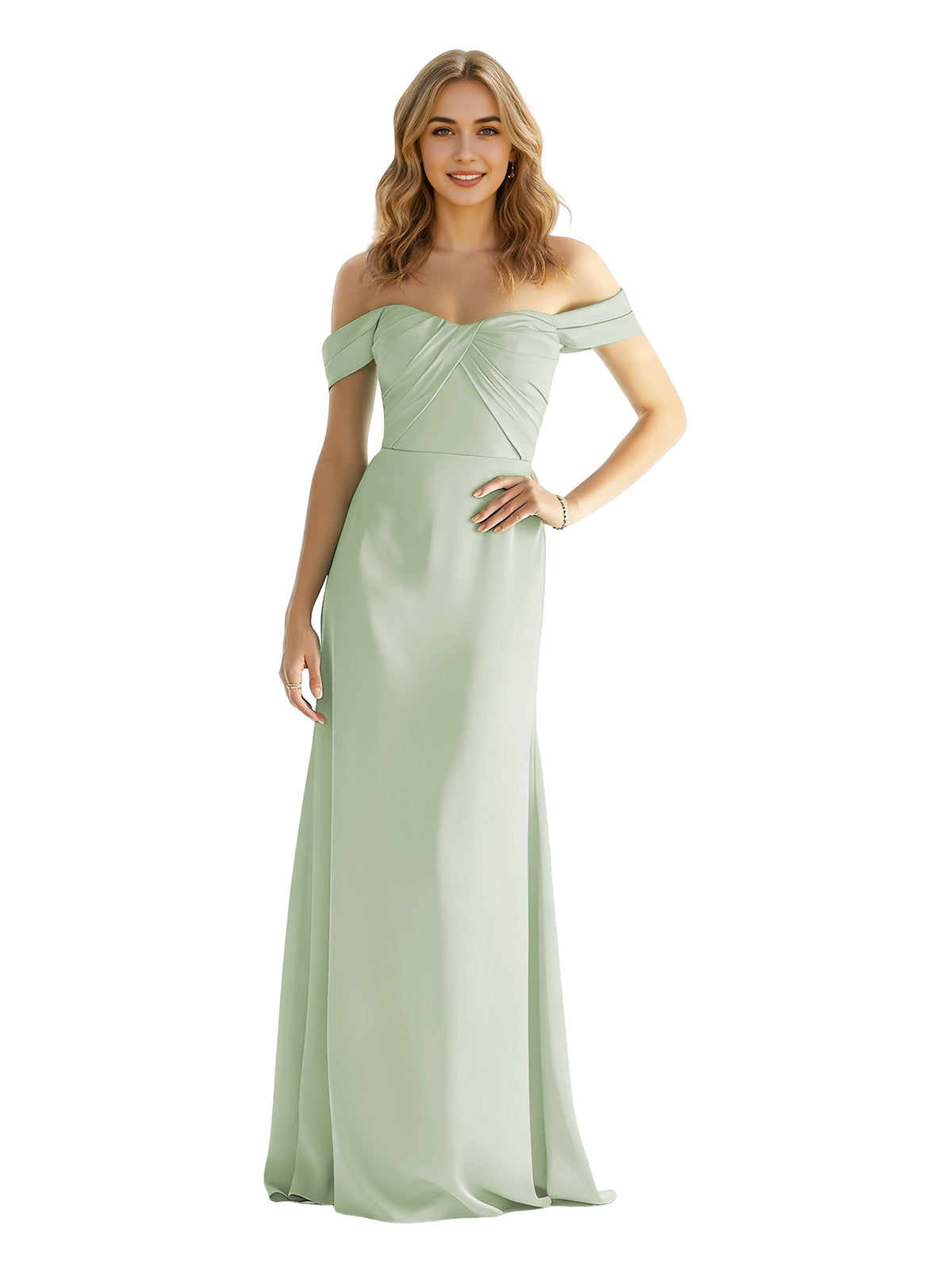 Sage green satin off-shoulder sweetheart bridesmaid dress with wrapped bodice, floor length