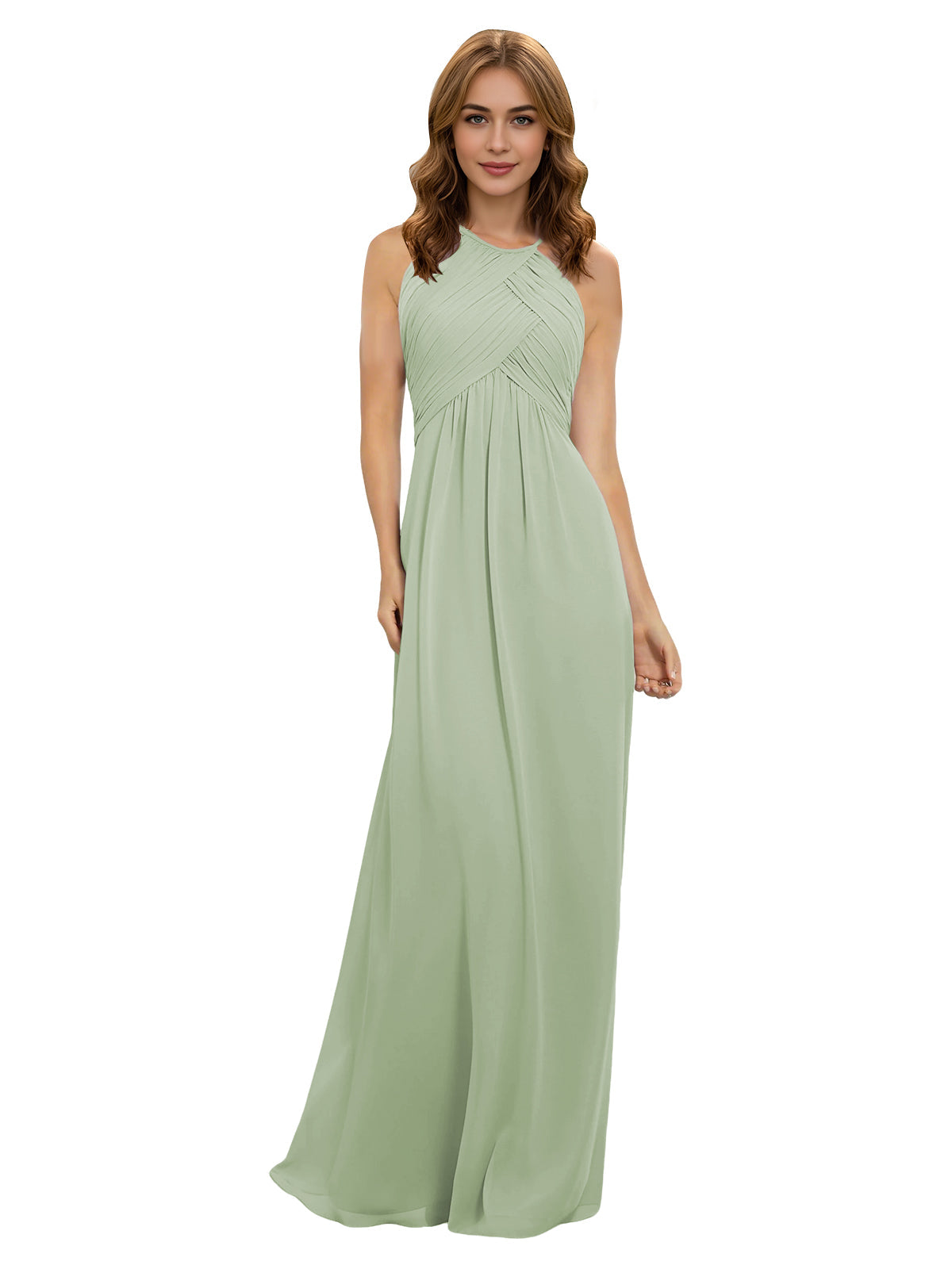 Sage green halter chiffon bridesmaid dress with twisted bodice and flowing maxi skirt
