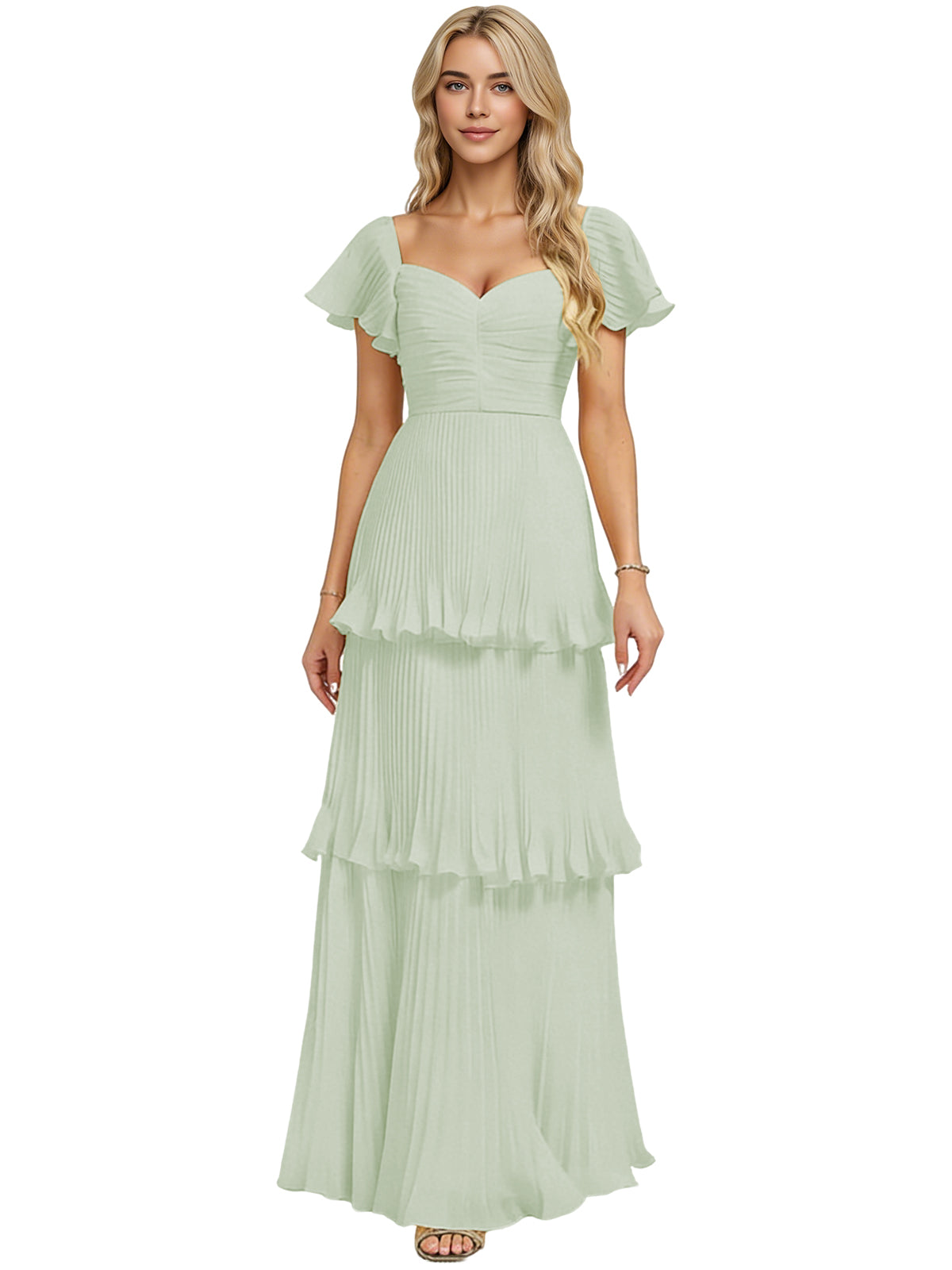 Sage green tiered chiffon bridesmaid dress with sweetheart neckline and flutter sleeves