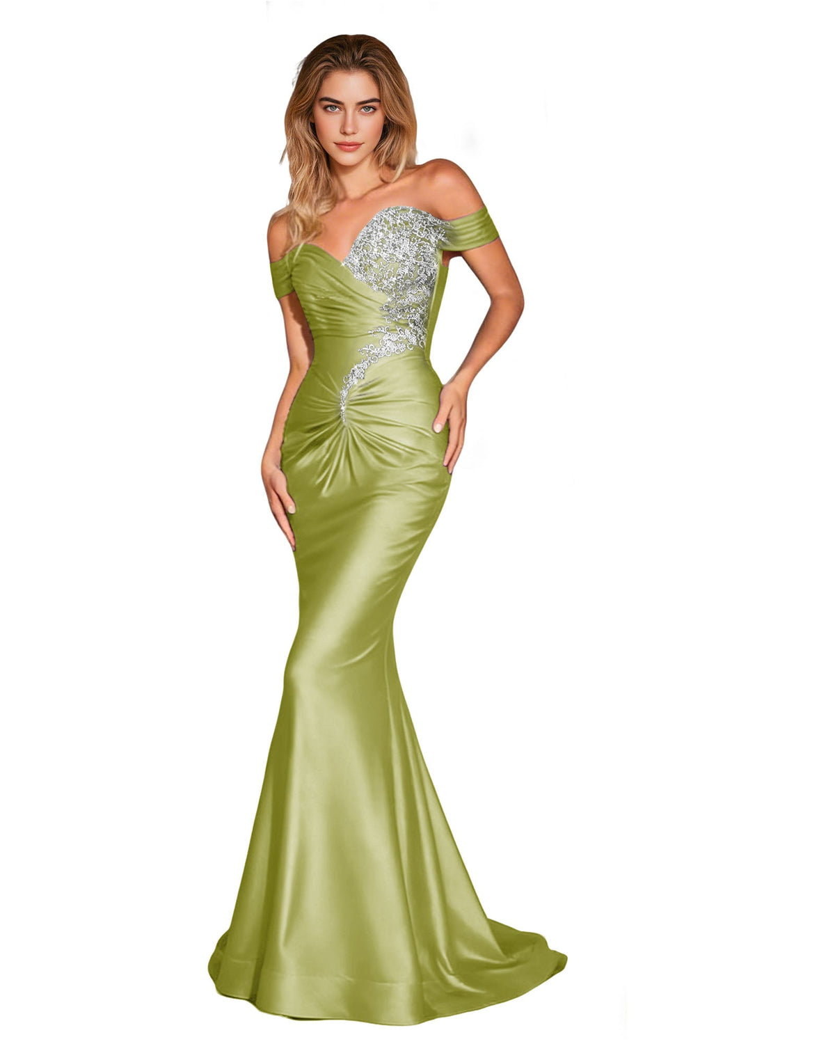 Sage green off-shoulder satin mermaid prom dress with lace applique bodice and side slit
