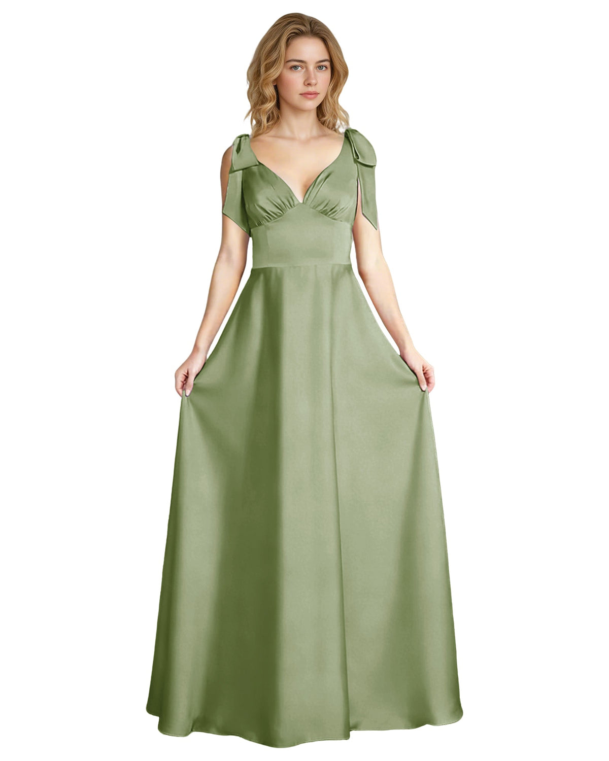 Olive green satin V-neck bow strap bridesmaid dress with empire waist and long skirt