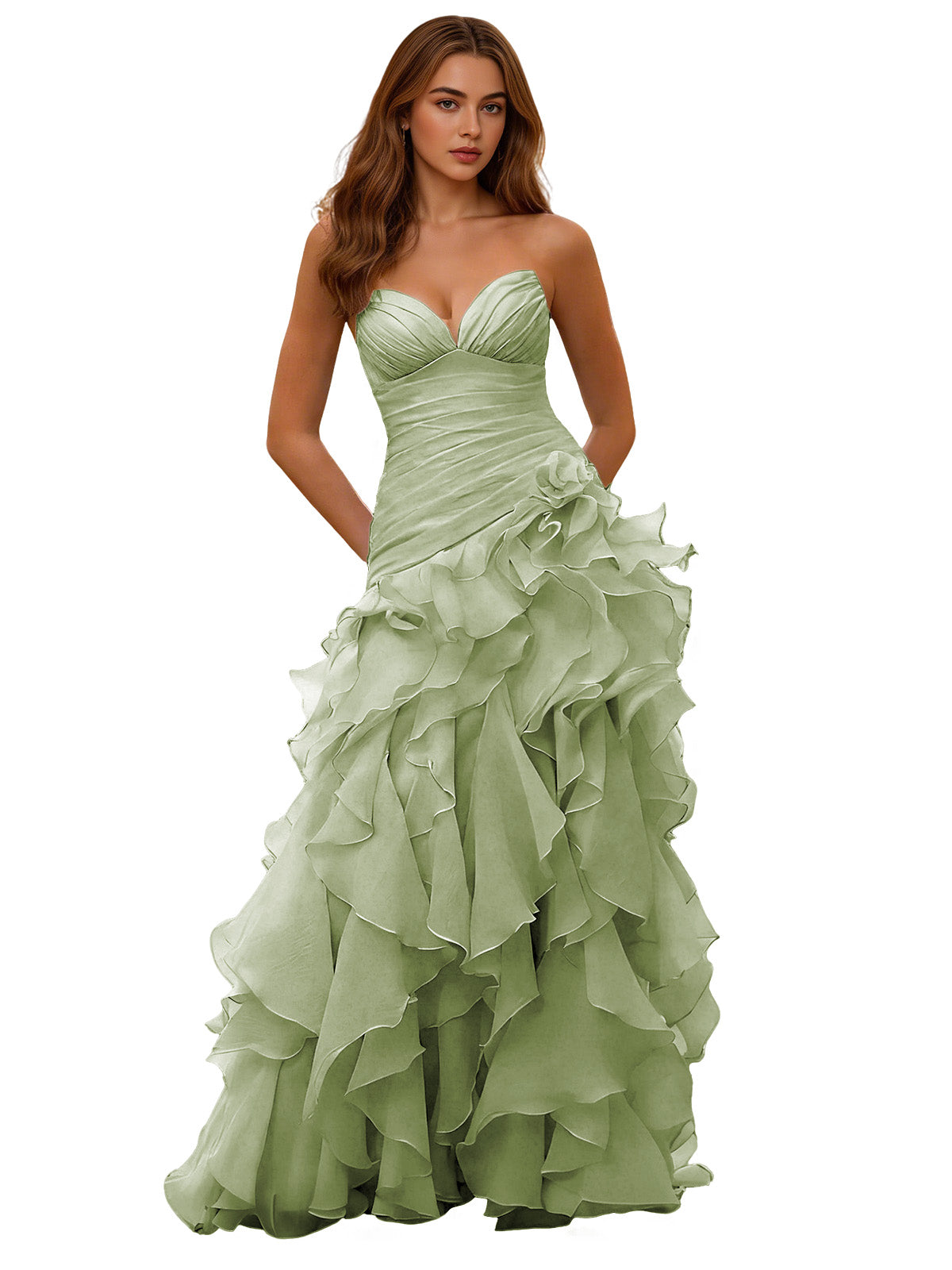 Strapless organza ruffle ball gown prom dress in sage green, draped corset bodice