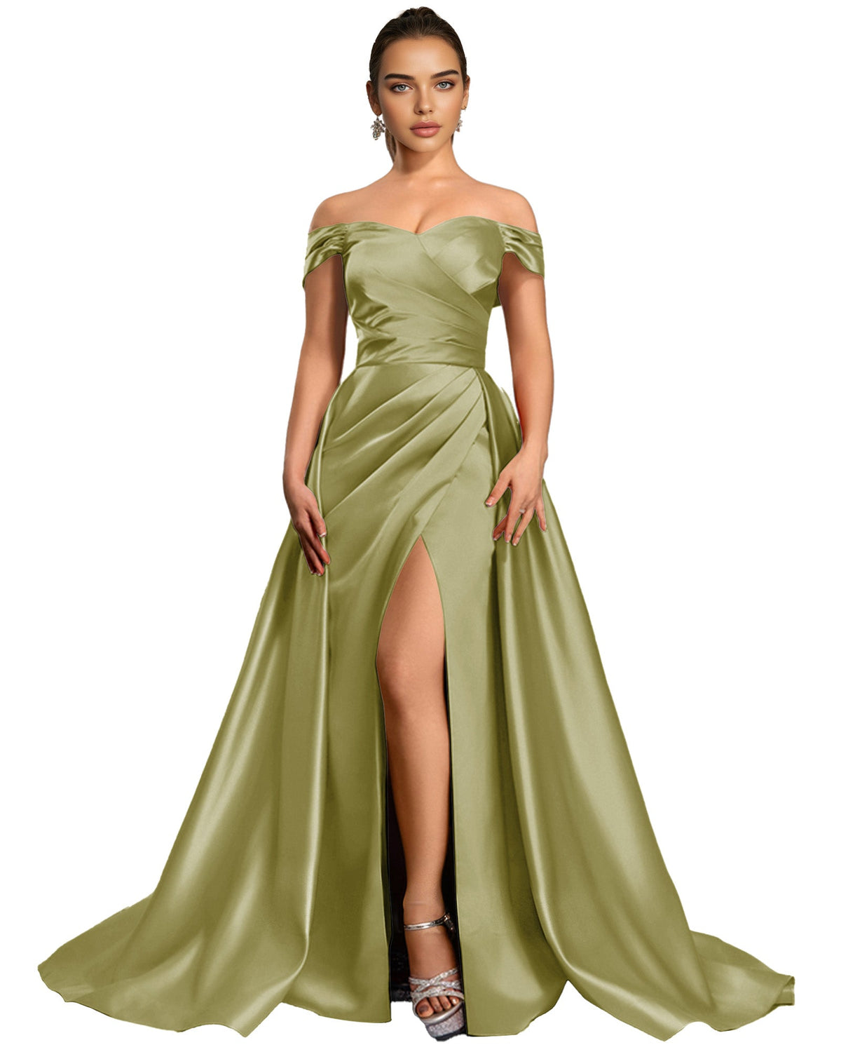 Sage green off-shoulder satin ball gown with draped bodice and high front slit