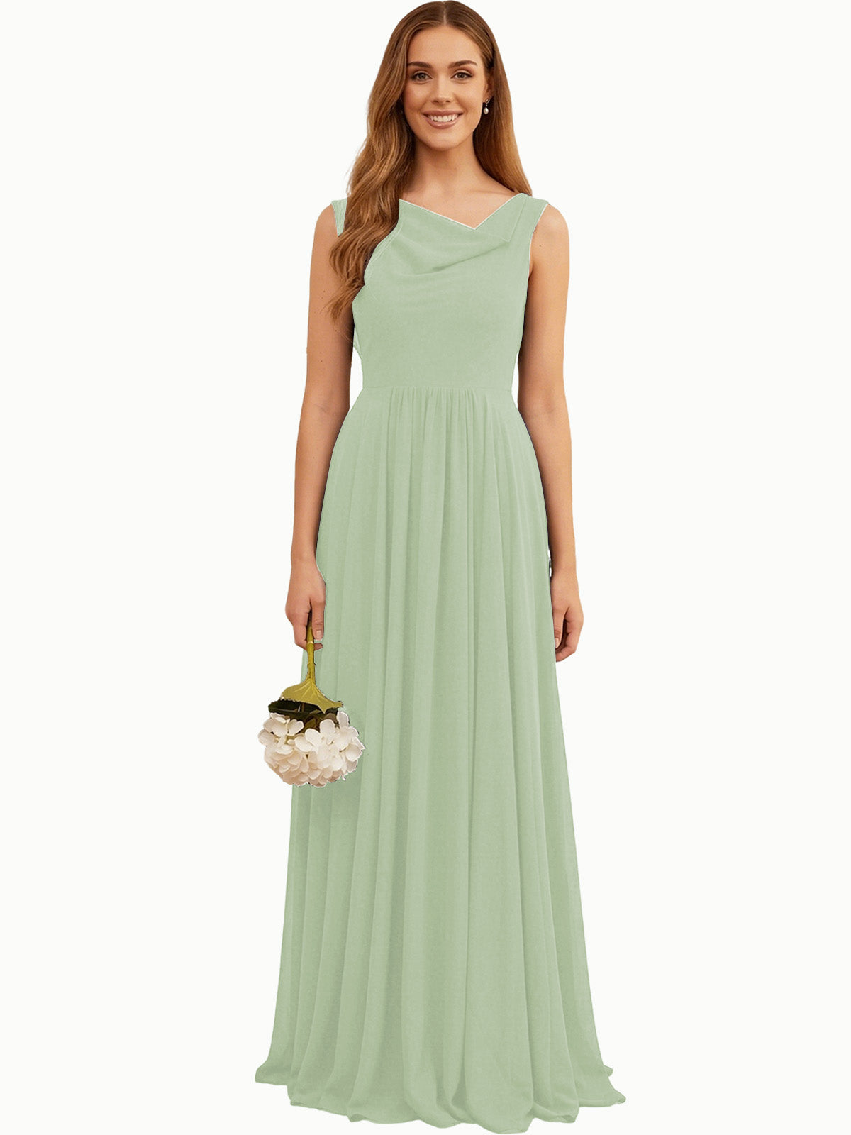 Sage green chiffon bridesmaid dress with V-neck sleeveless bodice and pleated skirt