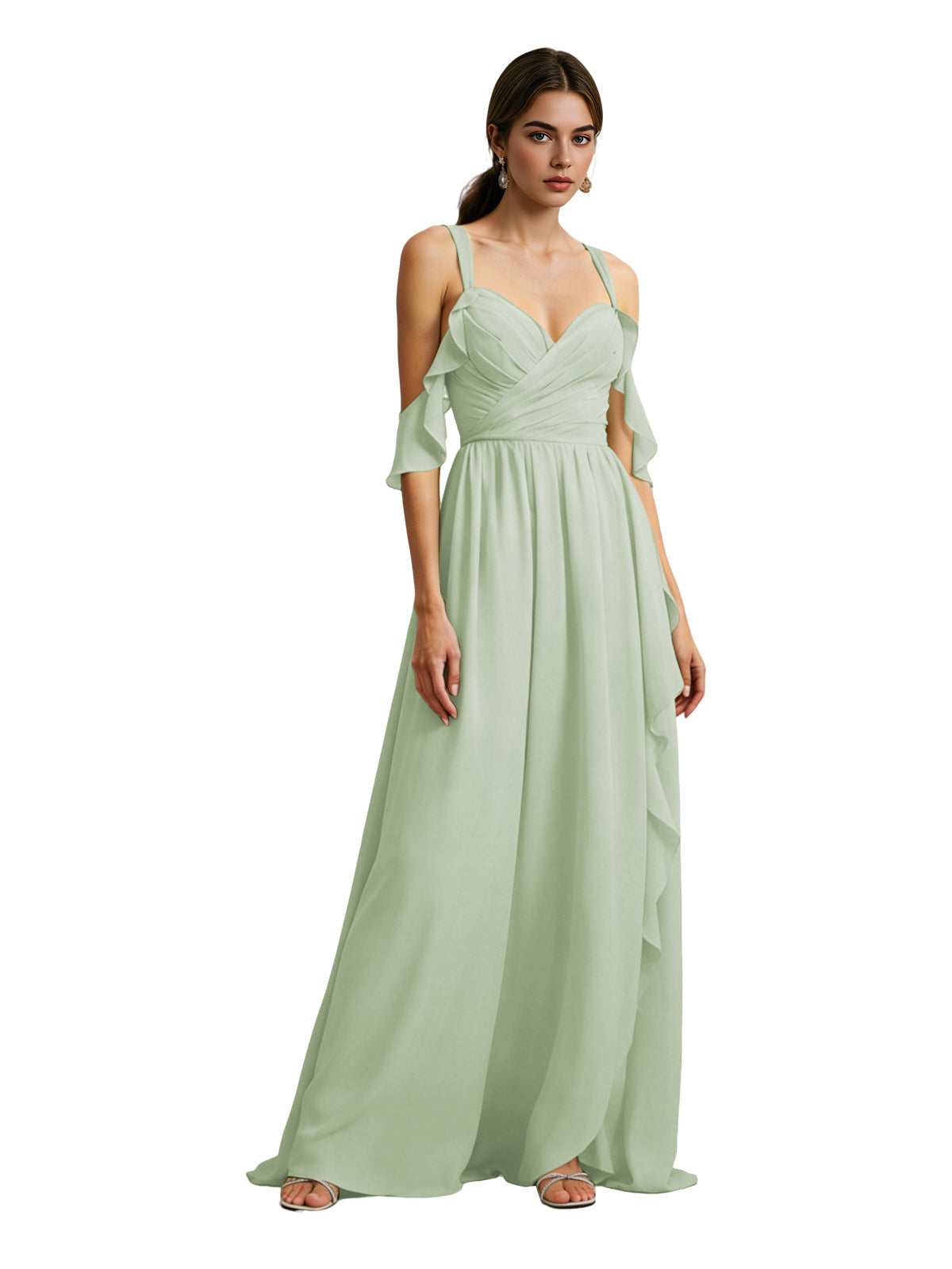 Sage green chiffon cold-shoulder bridesmaid dress with draped V-neck bodice and long skirt