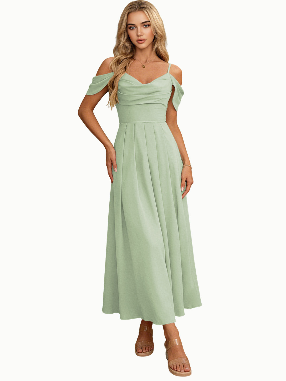 Sage green off-shoulder midi bridesmaid dress with pleated bodice and flowing skirt