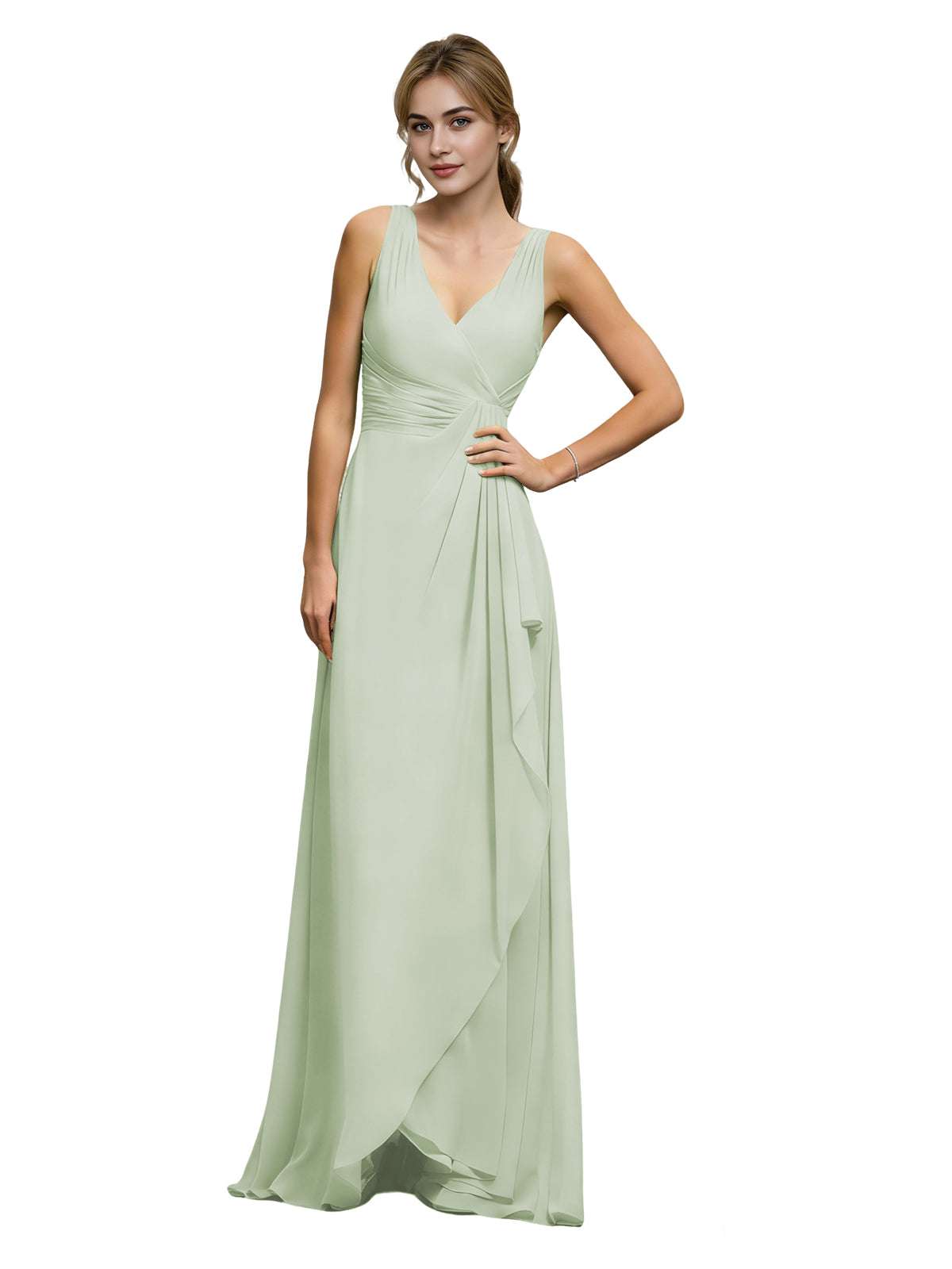 Halter V-neck chiffon bridesmaid dress in sage green, draped sash at waist.