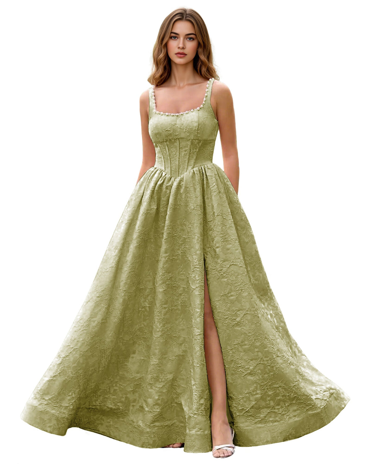 Square-neck jacquard ball gown prom dress in sage green, wide straps, side slit