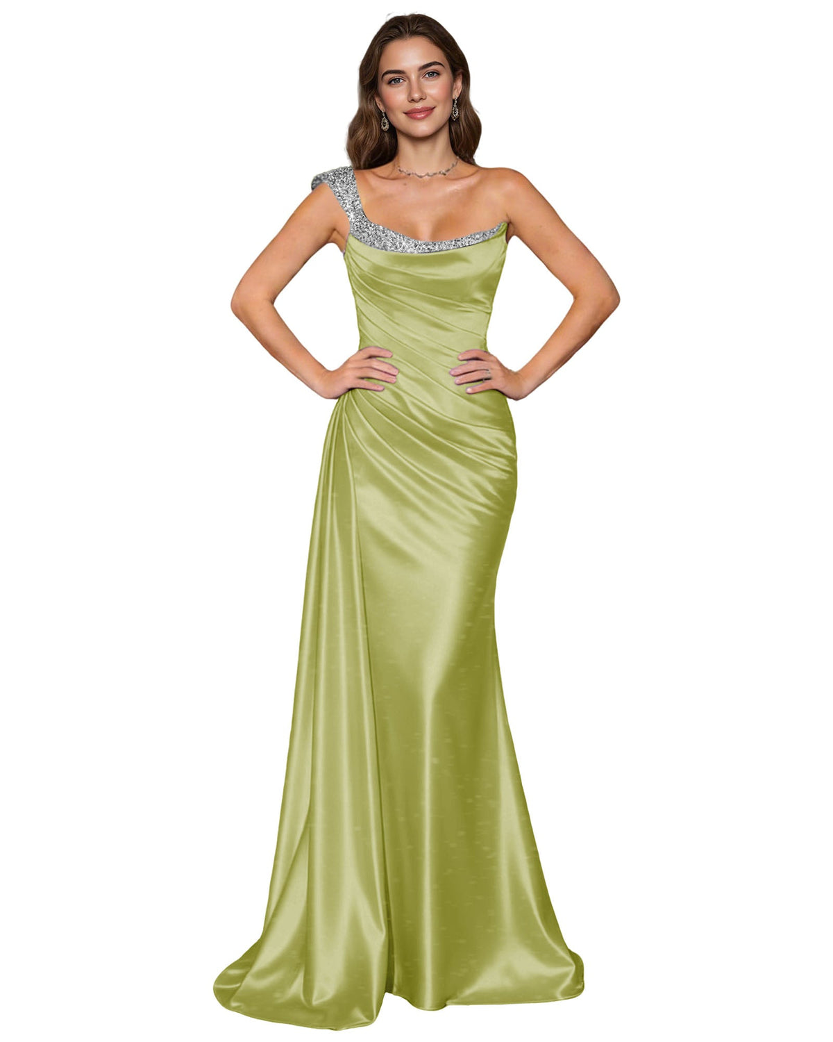 Sage green satin mermaid prom dress with spaghetti straps and draped cowl neckline
