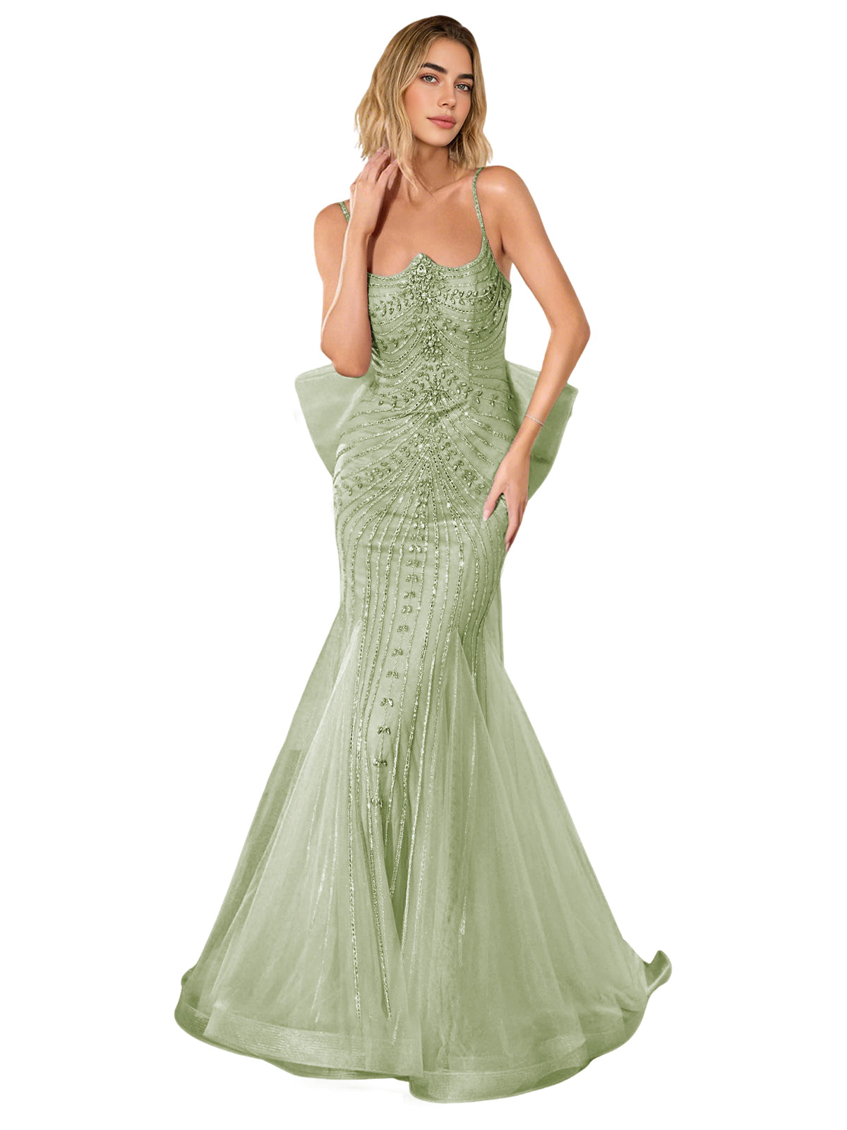 Sage green strapless lace trumpet prom dress with corset-style bodice and sweep train