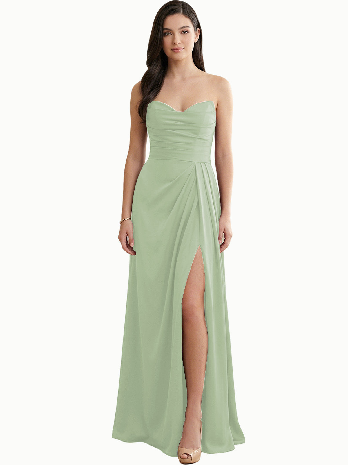 Sage green strapless satin bridesmaid dress with pleated bodice and side slit