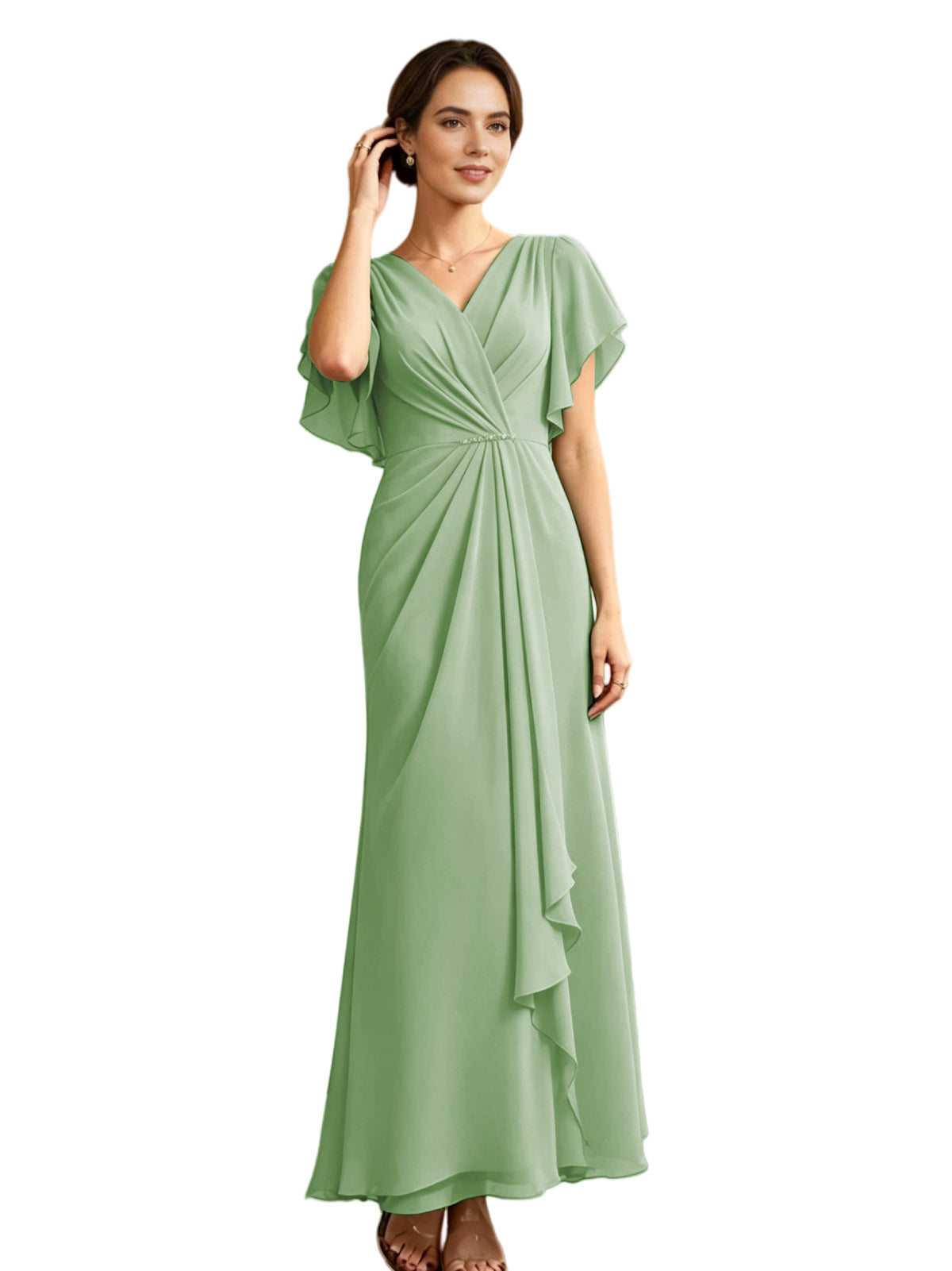 Green chiffon A-line mother-of-the-bride dress, V-neck, flutter sleeves, draped side ruffle