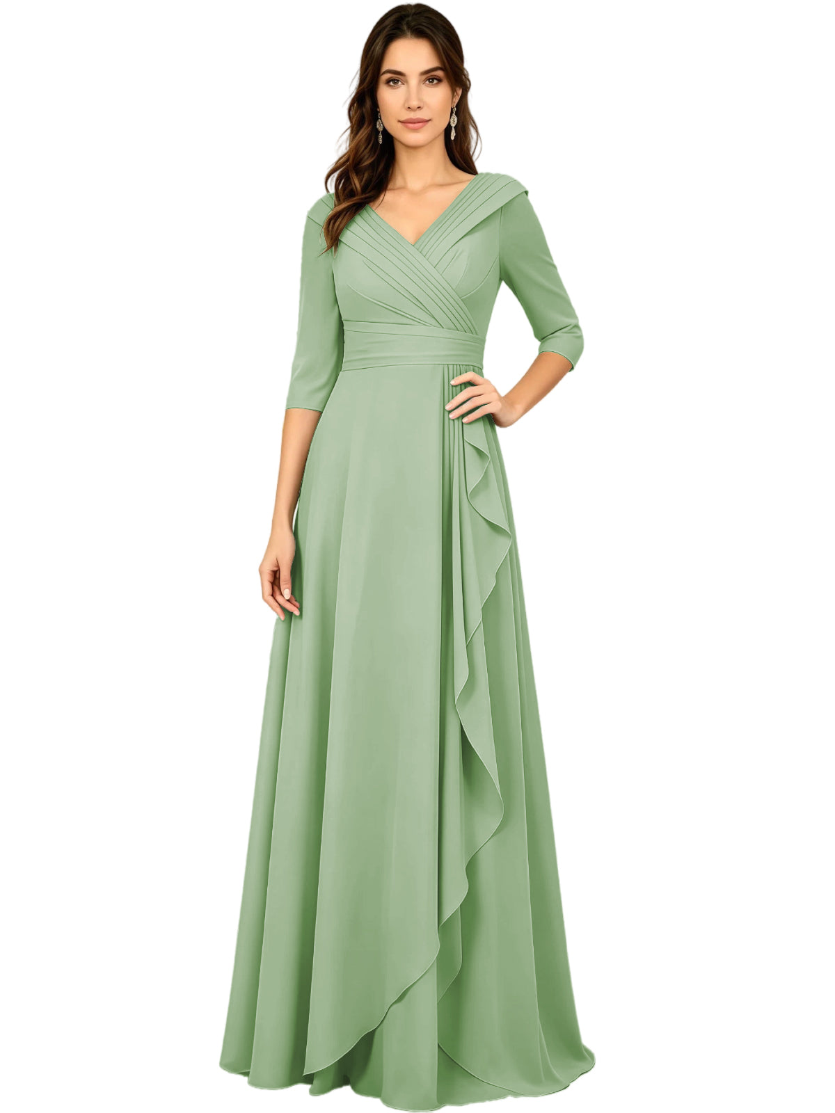 Sage green chiffon A-line gown with V-neck, half sleeves, and side ruffle drape detail.
