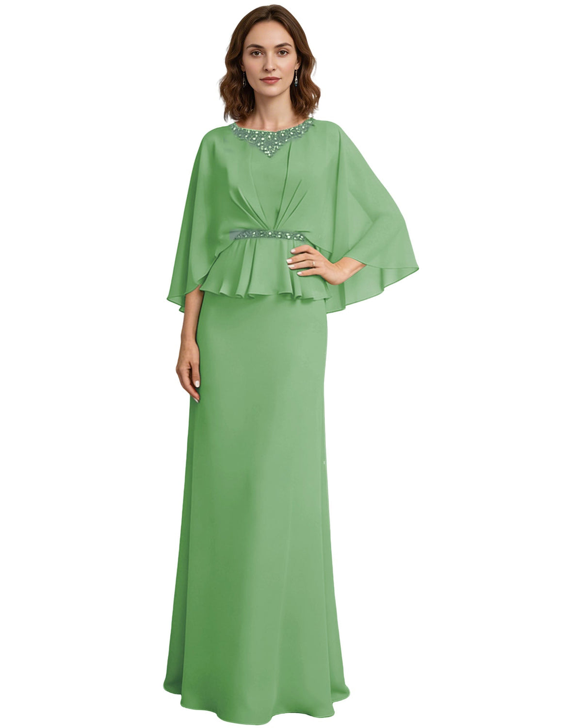 Green mother-of-the-bride dress with beaded neckline, chiffon capelet sleeves, peplum waist.