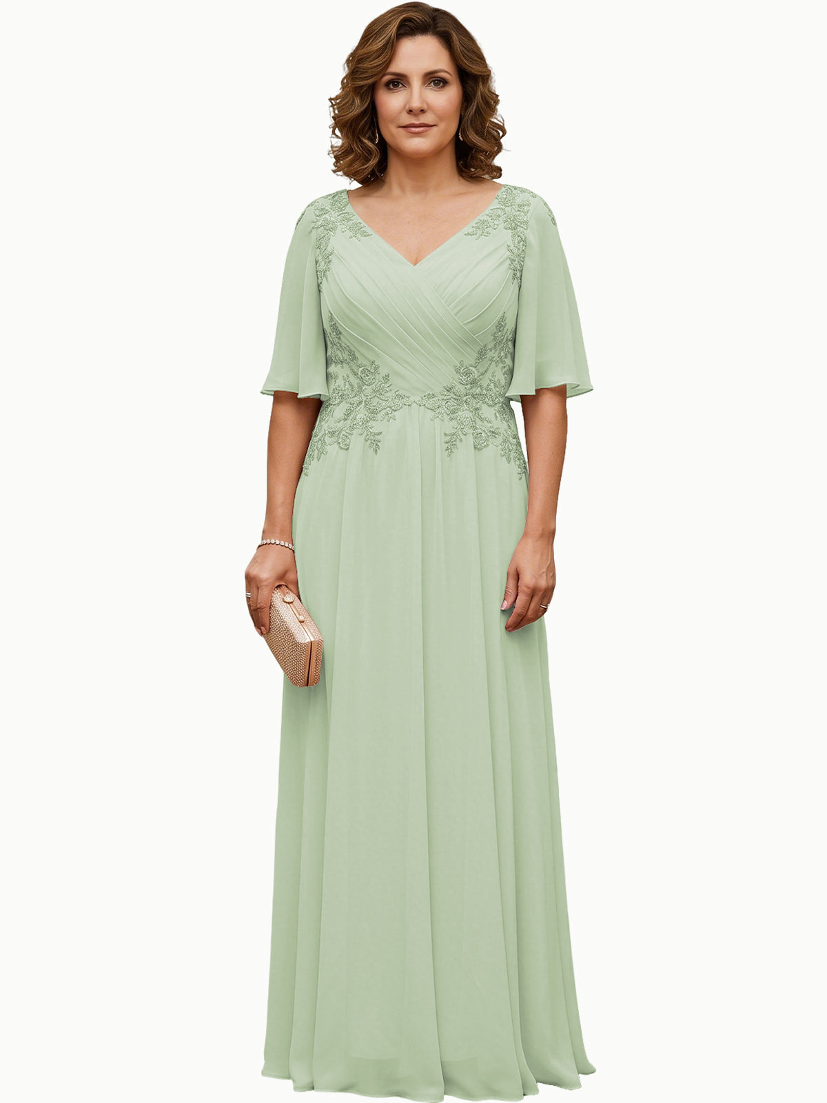 Long chiffon A-line gown in sage green with V-neck, flutter sleeves, beaded lace bodice.