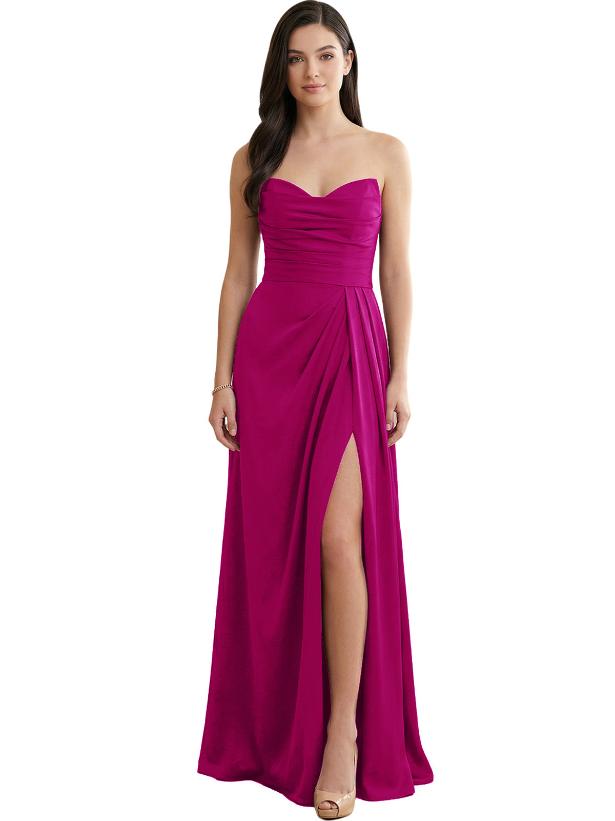 Hot pink strapless satin bridesmaid dress with pleated bodice and side slit