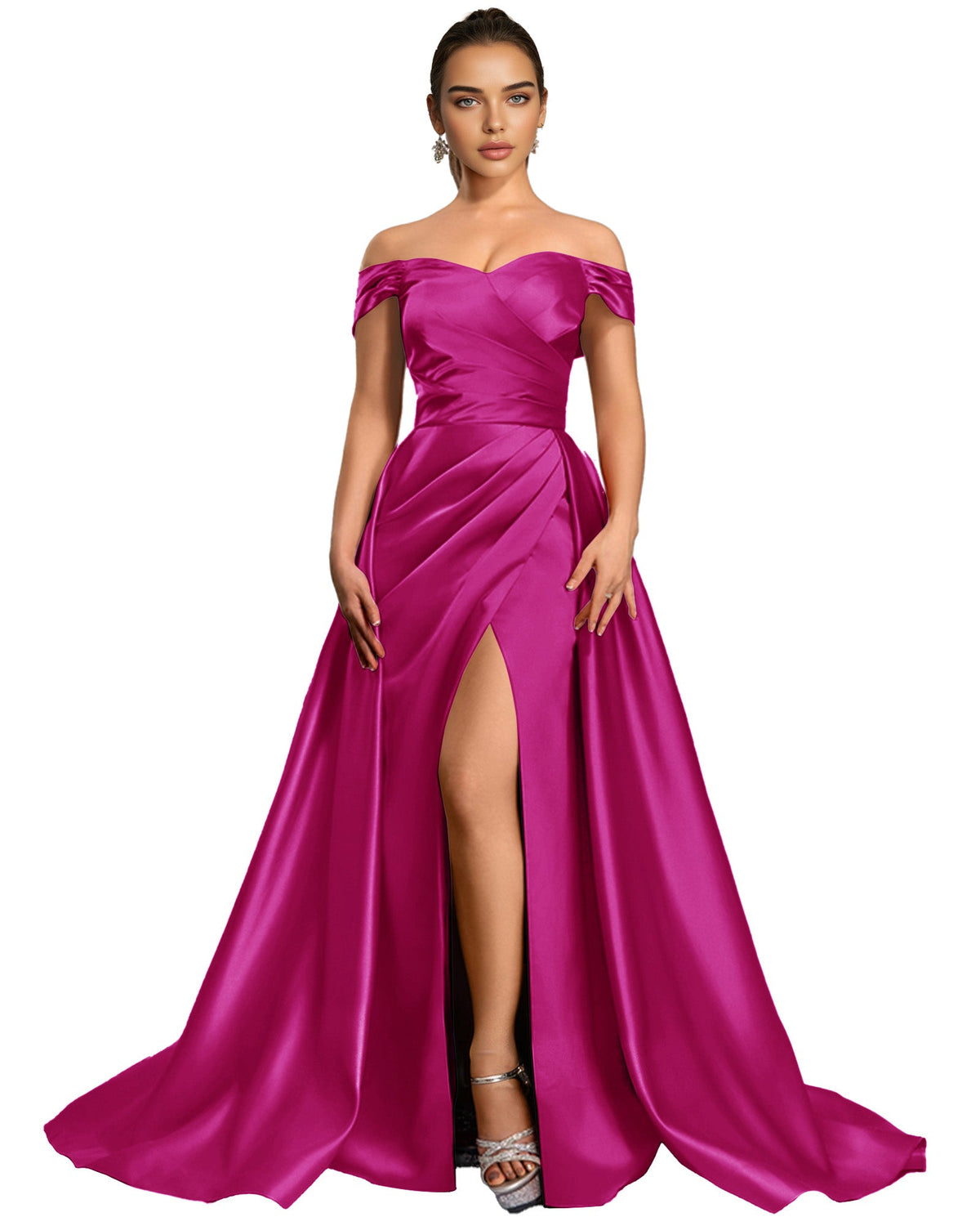 Fuchsia off-shoulder satin ball gown with draped bodice and high slit skirt.