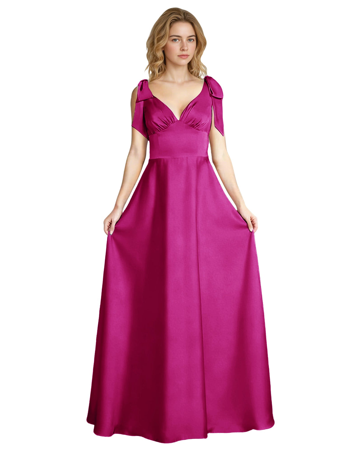 Fuchsia satin V-neck bow strap bridesmaid dress with empire waist and full-length skirt