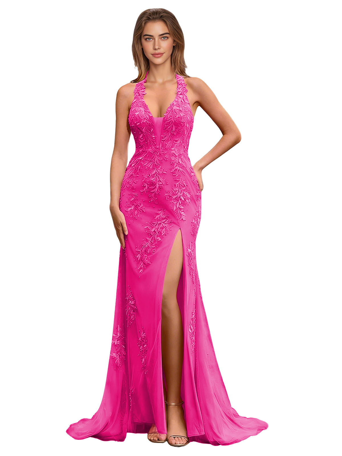 Hot pink halter lace mermaid prom dress with applique bodice and thigh slit