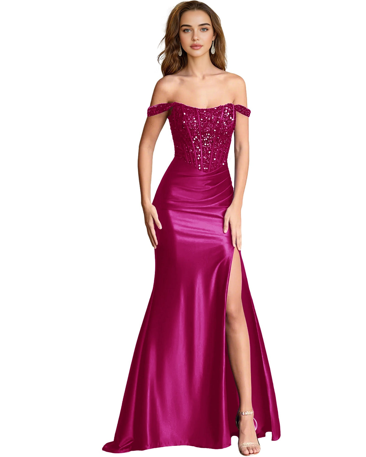 Magenta off-shoulder sequin satin mermaid dress with fitted corset and side slit