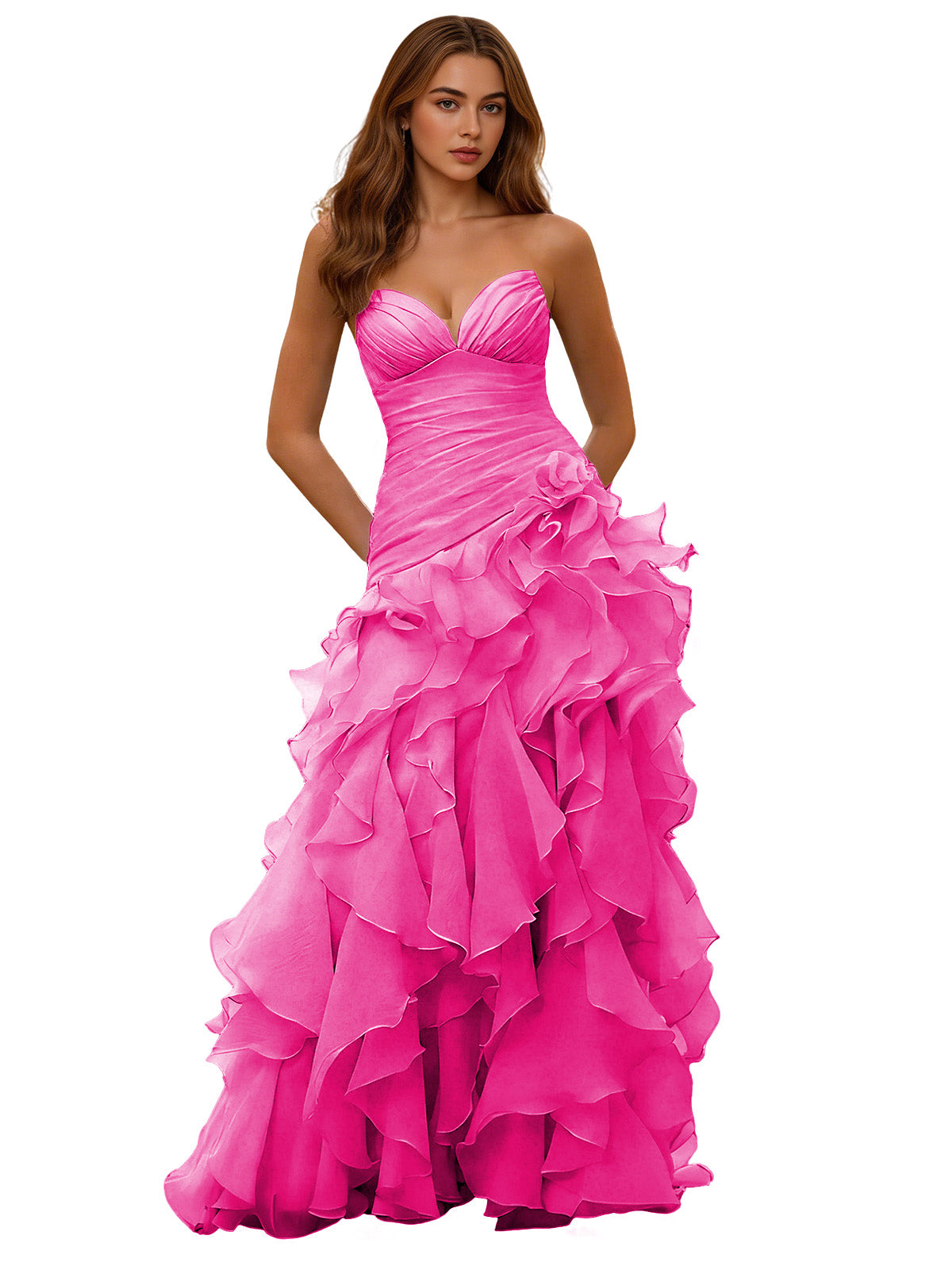 Strapless organza ruffle ball gown prom dress in hot pink, draped corset bodice
