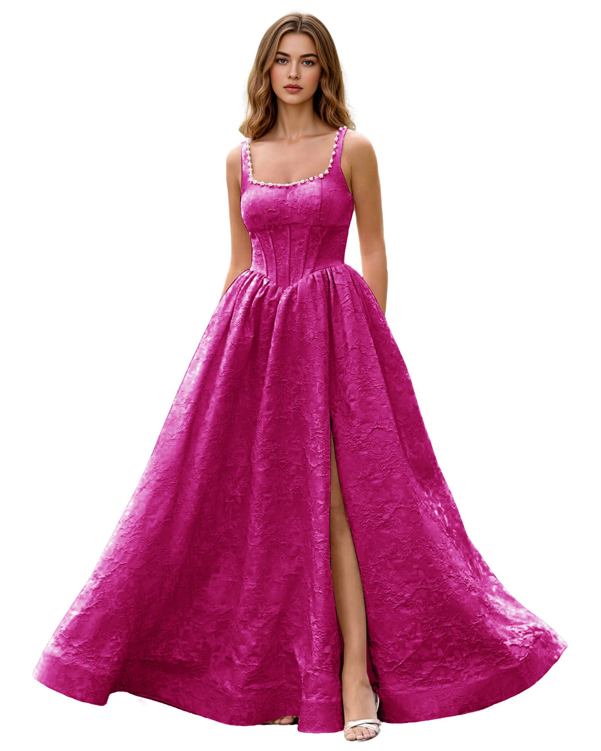 Square-neck jacquard ball gown prom dress in hot pink, wide straps, side slit