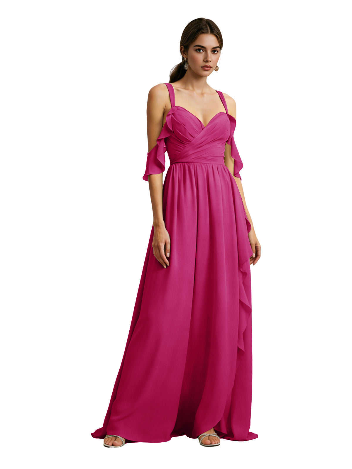 Fuchsia pink chiffon cold-shoulder bridesmaid dress with draped V-neck bodice and flowing skirt
