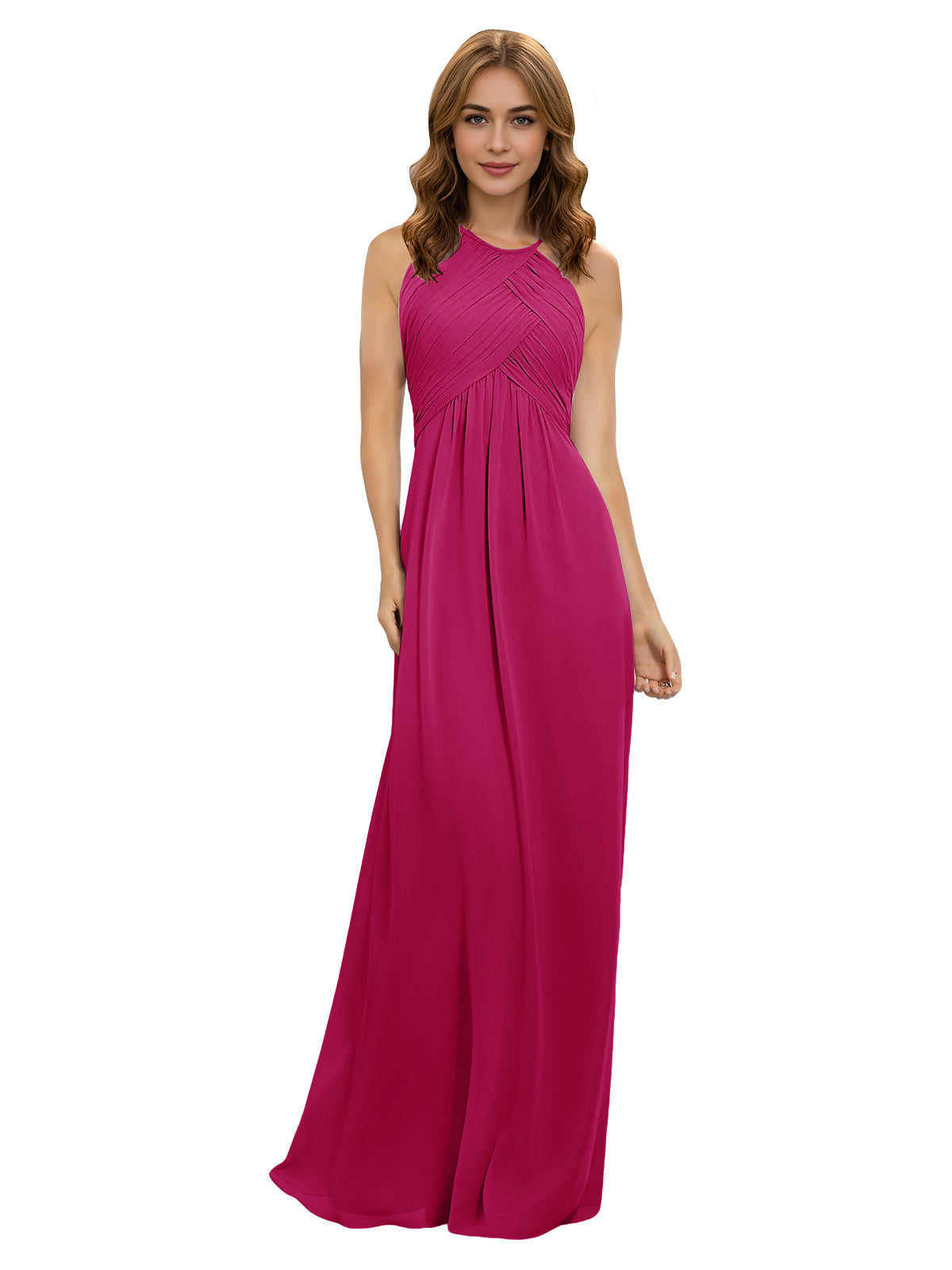 Fuchsia halter chiffon bridesmaid dress with twisted bodice and flowing maxi skirt