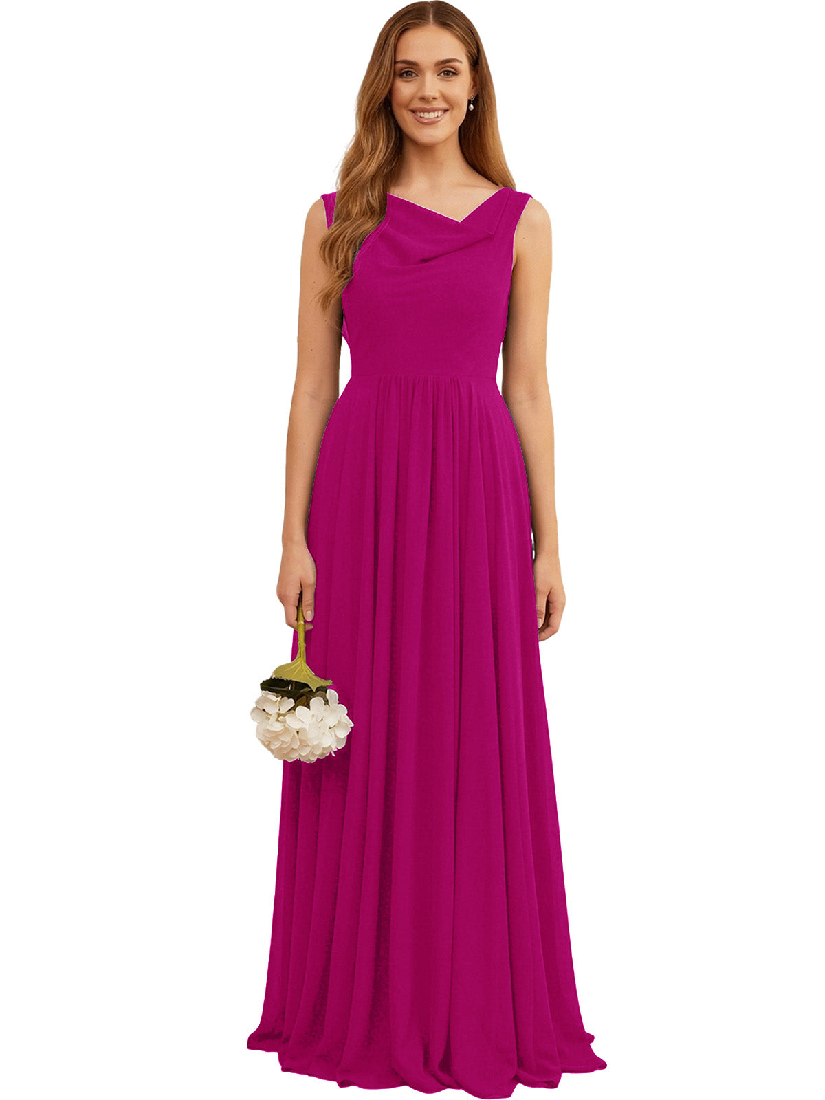 Magenta chiffon bridesmaid dress with V-neck sleeveless bodice and pleated skirt