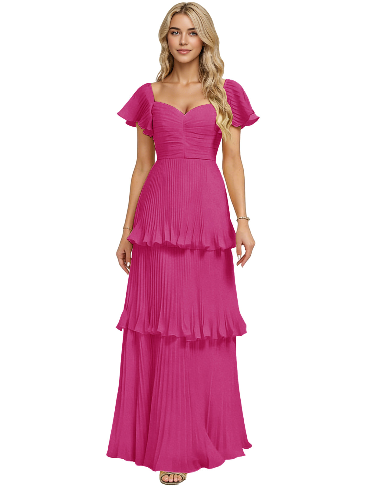 Fuchsia tiered chiffon bridesmaid dress with sweetheart neckline and flutter sleeves