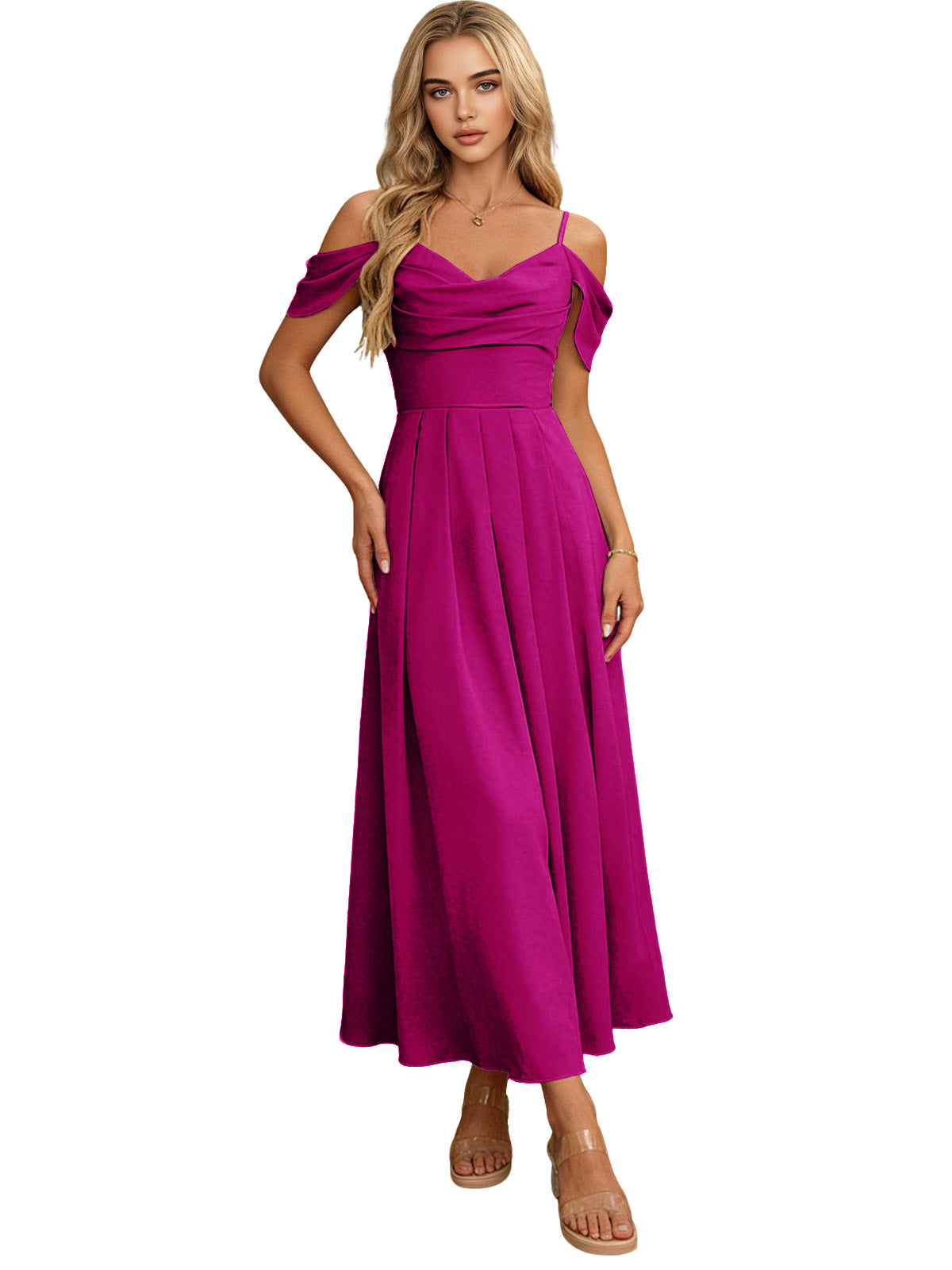 Fuchsia off-shoulder midi bridesmaid dress with pleated bodice and flowing skirt