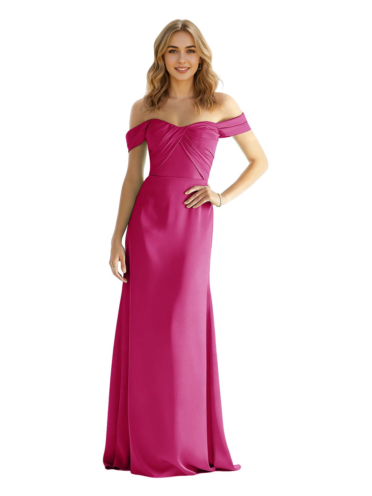 Hot pink satin off-shoulder sweetheart bridesmaid dress with wrapped bodice, floor length