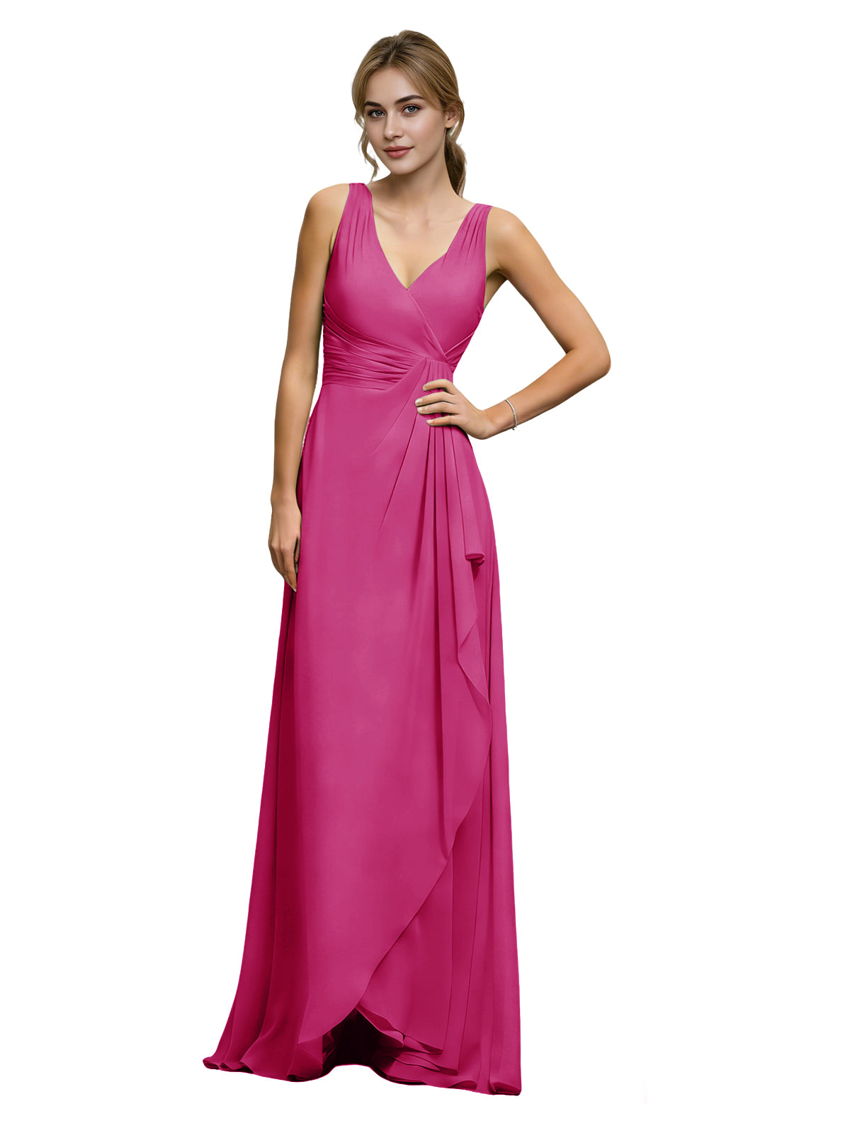Halter V-neck chiffon bridesmaid dress in fuchsia, draped sash at waist.
