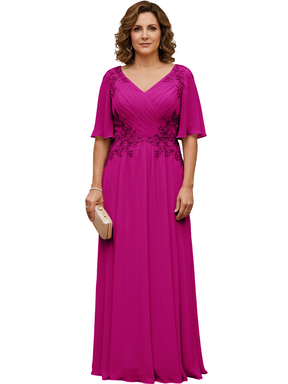 Long chiffon A-line gown in fuchsia with V-neck, flutter sleeves, beaded lace bodice.