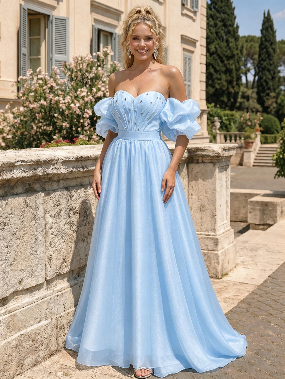 Sky-blue off-shoulder sweetheart A-line prom dress with puff sleeves and soft pleated skirt