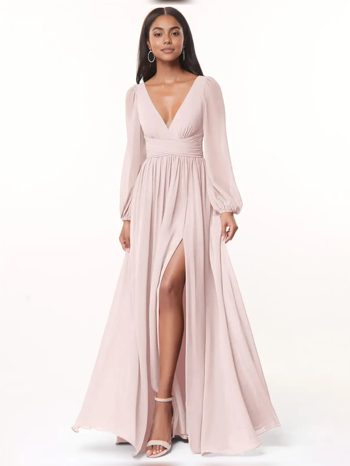 Blush pink chiffon bridesmaid dress front view, V-neck bodice with ruched waist and long sleeves.