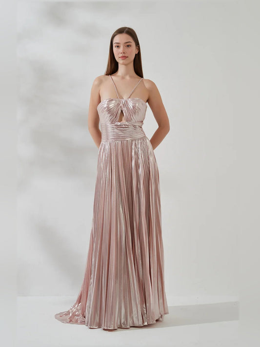 Blush pink one-shoulder pleated evening dress with ruched bodice and floor-length skirt
