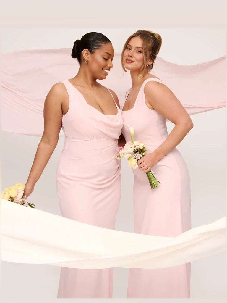Blush pink chiffon cowl-neck sheath dresses with pleated drape and spaghetti straps, floor length